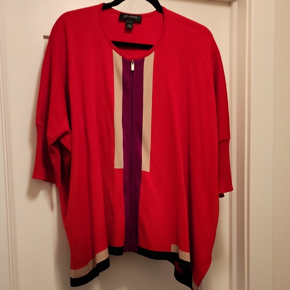 St. John Red Cardigan with Purple and Cream Accents